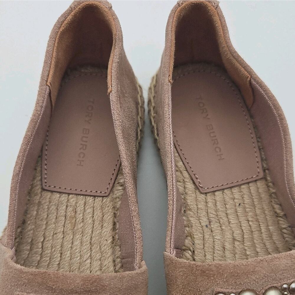 Tory Burch Pearl Logo Flat Espadrilles Pink Suede Black Leather Cap Toe size 6 - Picture 3 of 8